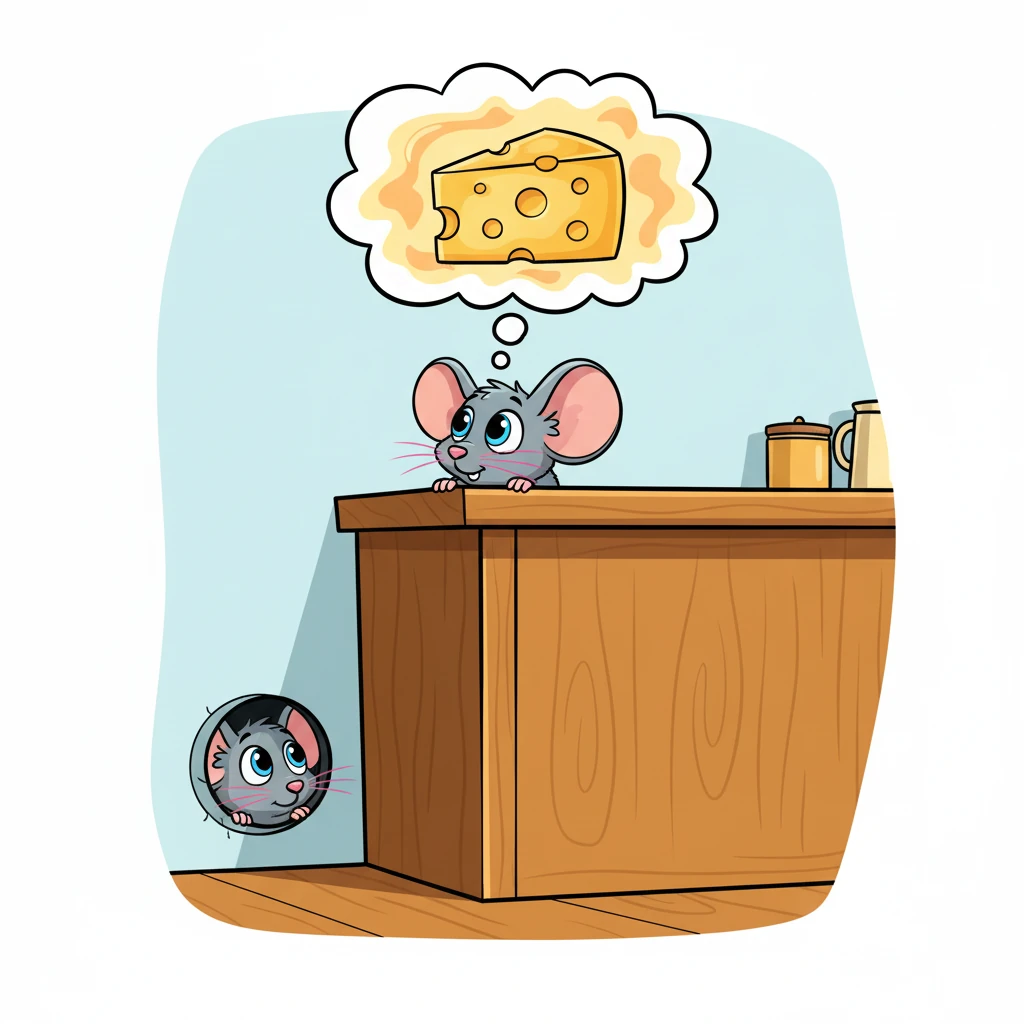 Pip Squeak, a tiny mouse with oversized, curious ears, peeks out from his cozy mouse hole. His eyes, round and bright, lock onto a magnificent, golden block of cheese sitting high on the kitchen counter. A comical thought bubble above his head shows a giant, delicious slice of cheese, making his whiskers twitch with pure longing.
