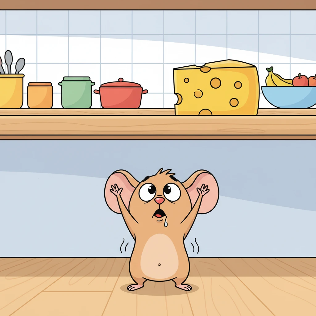 Pip’s little tummy lets out a loud rumble, echoing in the quiet kitchen. He imagines the soft, tangy taste of the cheese, practically drooling with anticipation. He stretches his tiny paws dramatically towards the distant counter, a look of comical despair on his face, knowing it's far out of reach.
