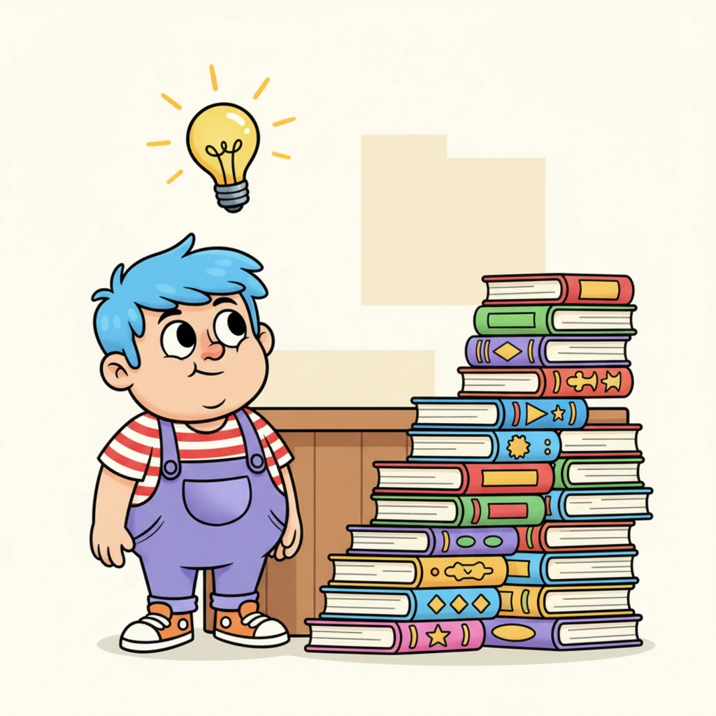 Suddenly, Pip’s gaze shifts, and a spark ignites in his eyes. He spots a wobbly stack of colorful children's books piled haphazardly near the counter, almost like a perfectly built, tiny staircase. A cartoon lightbulb brightly illuminates above his head, signaling a mischievous idea.