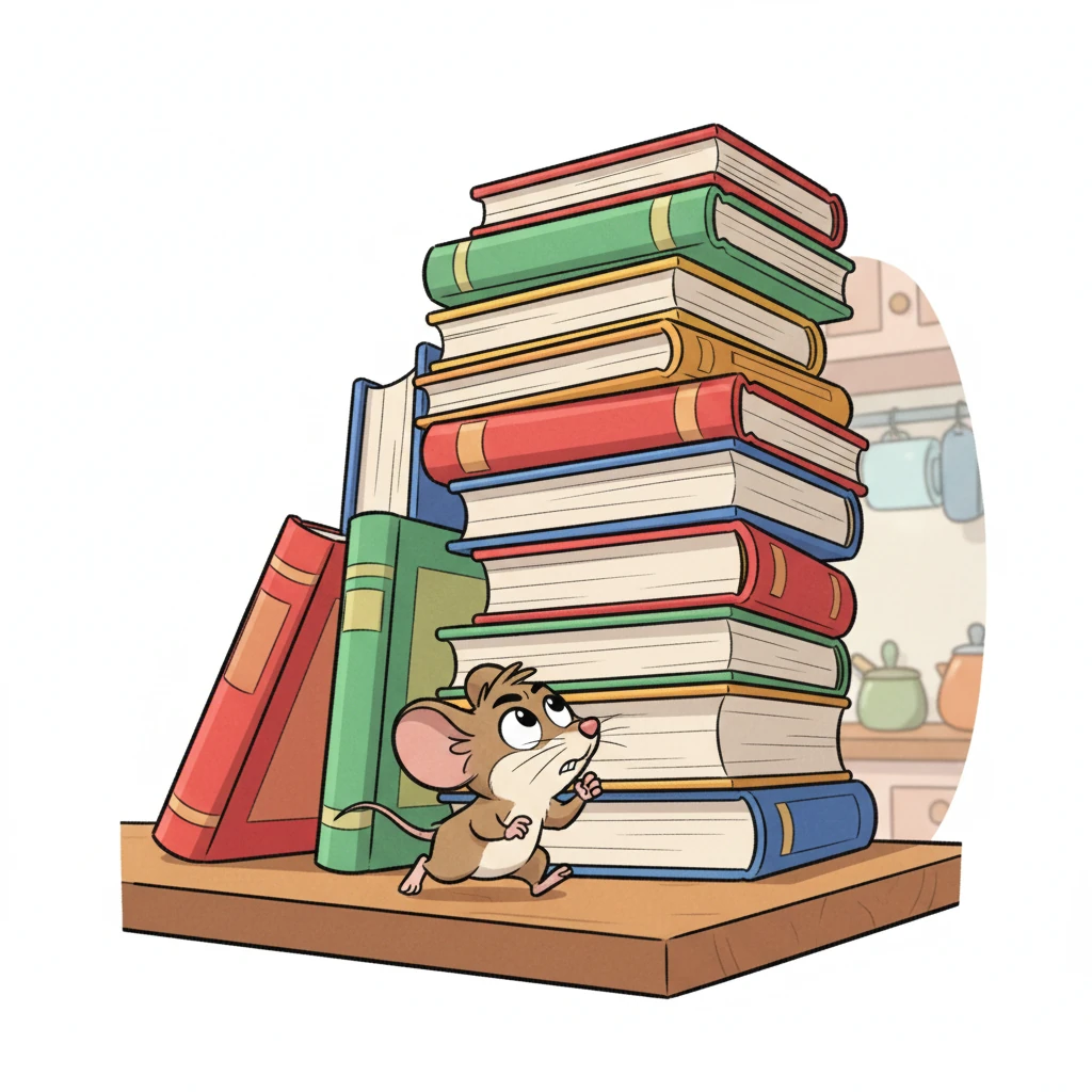 Pip scurries closer to the precarious tower of books, his tiny nose twitching as he carefully inspects their height and stability. He paces back and forth, meticulously measuring the gap from the top book to the counter with his discerning eyes. A determined, furrowed brow shows he's deep in thought, planning his ascent.