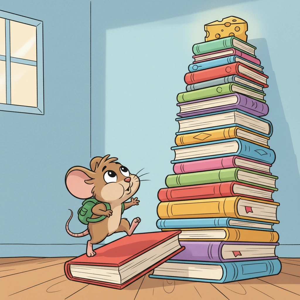 He attempts a small hop onto the lowest book, causing it to wobble precariously under his weight. Pip then looks up at the towering stack and the distant, glorious cheese, puffing out his cheeks with a big breath. He considers if his little legs and brave climbing spirit are truly up to the challenge.