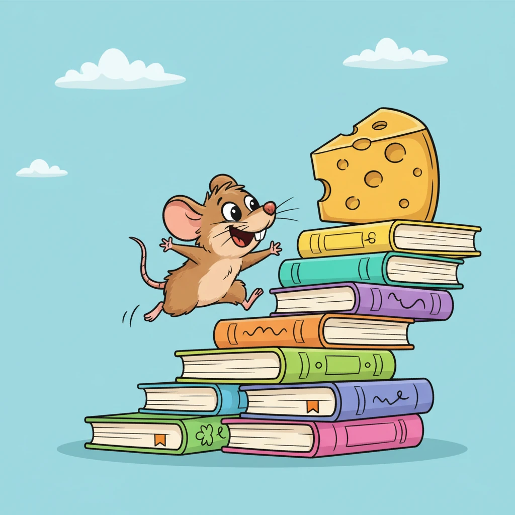 With a mighty, cartoonish leap and a frantic scramble, Pip fearlessly navigates the wobbly book-staircase. He triumphantly reaches the very top book, his tiny nose now just a whisker away from the magnificent cheese. A wide, toothy grin spreads across his face, radiating pure success.