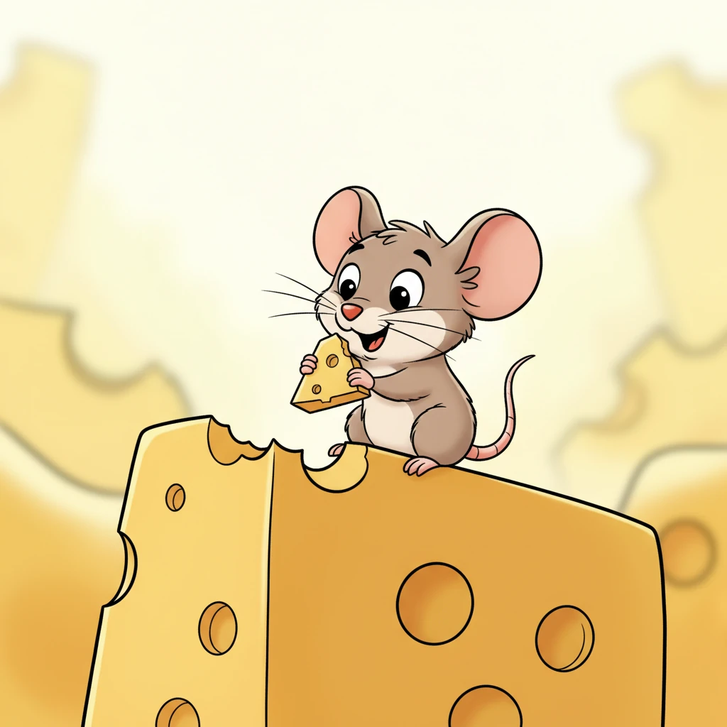 With utmost care, Pip nibbles a tiny, perfect piece from the very edge of the golden cheese block. He holds the small, prized morsel in his tiny paws, his eyes wide with a mix of satisfaction and genuine surprise that his daring plan actually worked. The cheese piece is almost as big as his head!