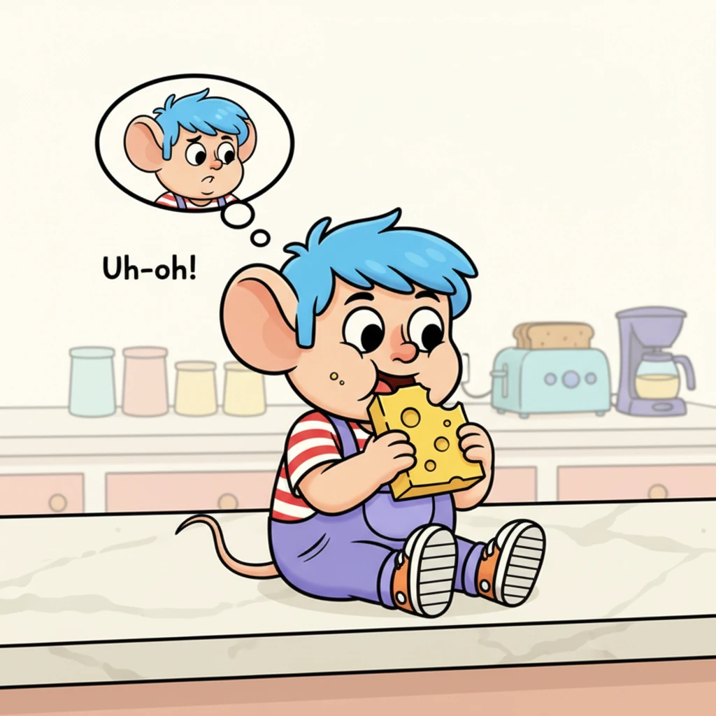 Pip sits on the vast kitchen counter, happily munching on his delicious, (slightly) stolen cheese. He glances around the quiet kitchen, then back at the now slightly imperfect cheese block, a tiny crumb clinging to his cheek. A cartoonish 'Uh-oh!' thought bubble appears above his head, and his ears droop just a little as a tiny pang of realization hits him.