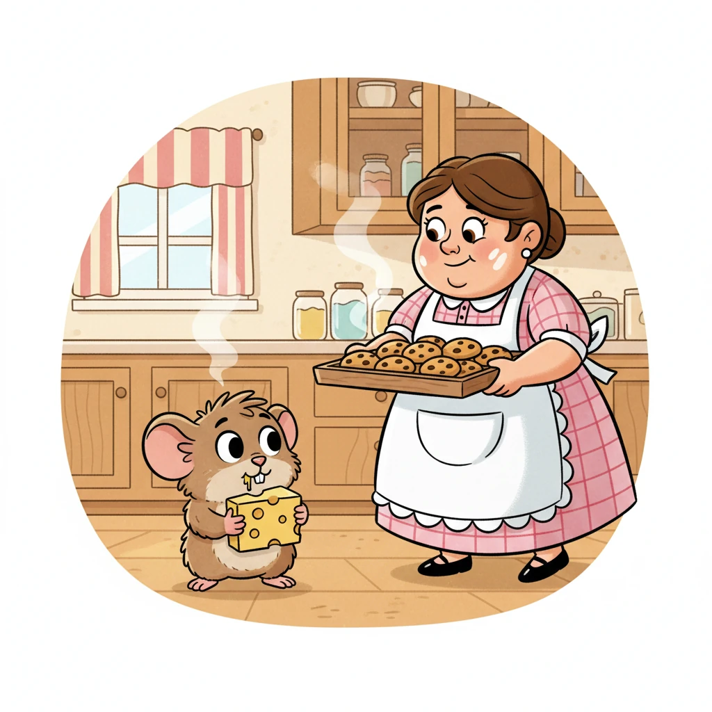 Just then, Mrs. Crumble, a kind-faced baker with a flour-dusted apron, walks into the kitchen, carrying a fresh tray of warm, fragrant cookies. She spots Pip with the cheese, her expression softening into a gentle, knowing smile. Pip freezes mid-chew, looking like a tiny, furry statue caught in the act.