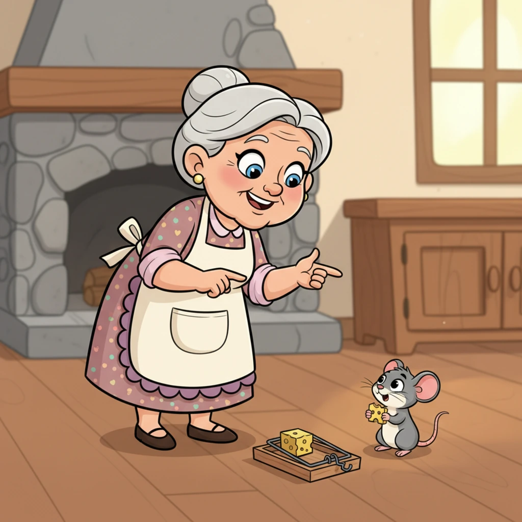 Mrs. Crumble chuckles softly, her eyes twinkling. She points to Pip, then to a small, humane mouse trap she had gently placed earlier, now holding a fresh, perfectly cut cube of cheese. She gently gestures, explaining that while it's good to want things, there's always a right way to get them. Pip, still clutching his tiny stolen piece, looks at the freely given cheese, then back at Mrs. Crumble, understanding dawning brightly on his face before he scurries to enjoy the new treat.