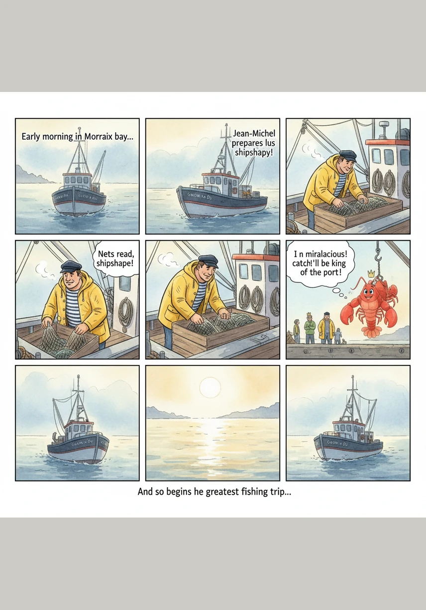 Sous la brume matinale de la baie de Morlaix, Jean-Michel prépare son vieux bateau, le Gwenn ha Du, avec une fierté débordante. Il ajuste sa casquette de marin et rêve déjà de la pêche miraculeuse qui fera de lui le roi du port.