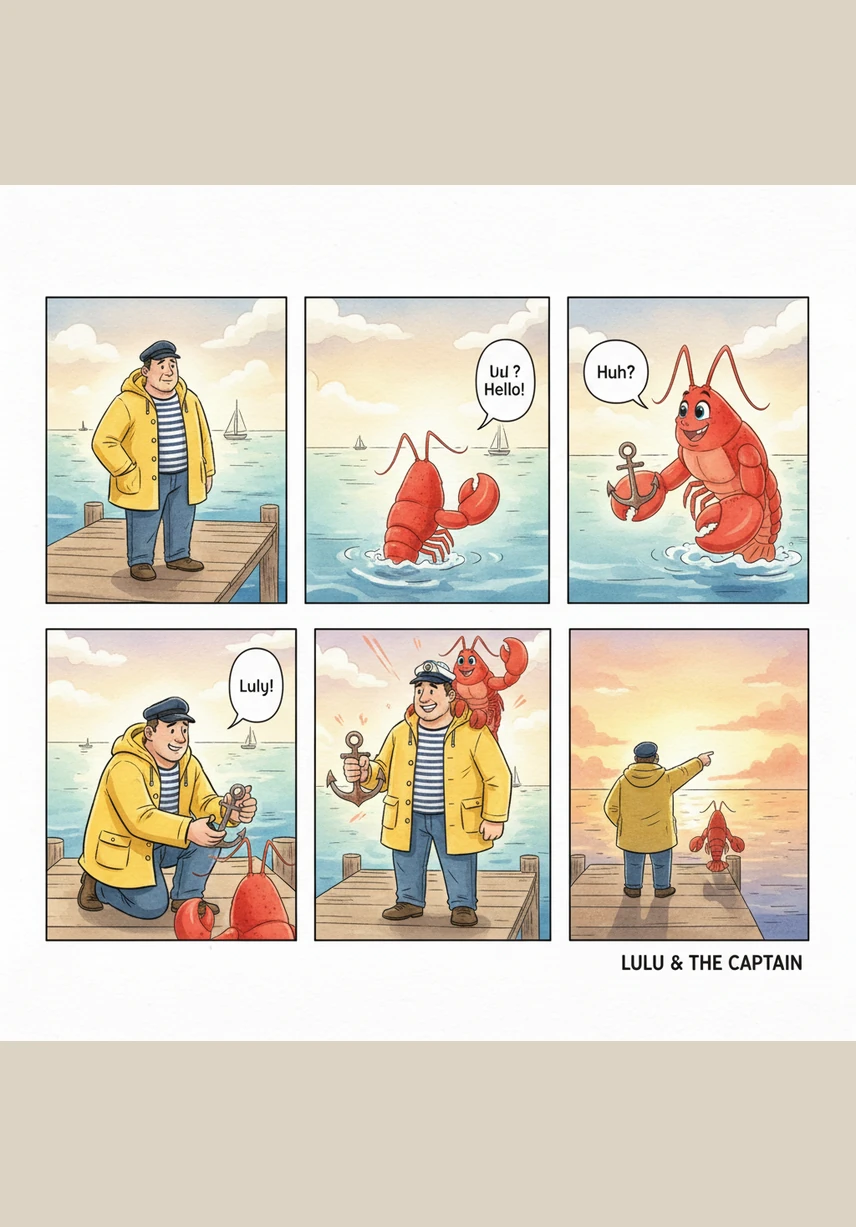 Lulu le homard, véritable génie des profondeurs, examine le piège avec dédain. D'un coup de pince expert, il décroche l'appât savoureux et le remplace discrètement par une vieille botte en caoutchouc trouvée sur le sable.