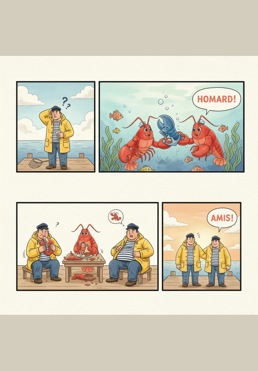 Quand Jean-Michel remonte son premier casier, il s'attend à découvrir un trésor, mais il ne remonte qu'une chaussure gauche trouée. Perplexe, il se gratte la tête sous son ciré jaune pendant que Lulu remonte à la surface pour pouffer de rire derrière un rocher.