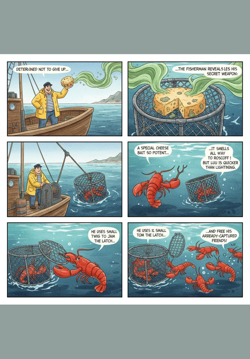 Déterminé à ne pas se laisser faire, le pêcheur sort son arme secrète : un appât spécial au fromage qui sent jusqu'à Roscoff. Mais Lulu, plus rapide que l'éclair, utilise une petite brindille pour bloquer le mécanisme du casier et libérer ses congénères déjà capturés.