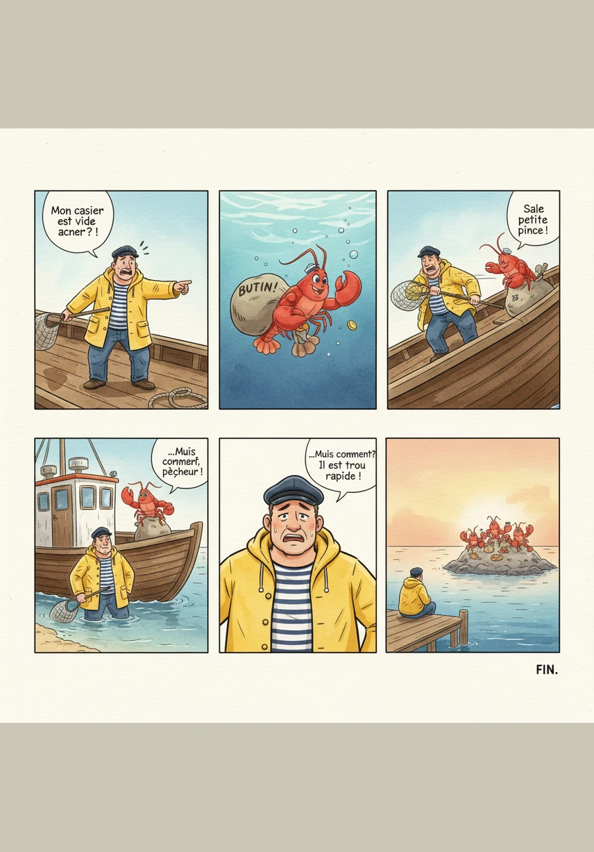 La situation devient totalement absurde quand Jean-Michel aperçoit Lulu surfer sur une vague en utilisant un morceau de bois flotté. Le pêcheur essaie de le poursuivre avec son épuisette, mais son bateau tourne en rond dans un vacarme de moteur comique et de projections d'eau.