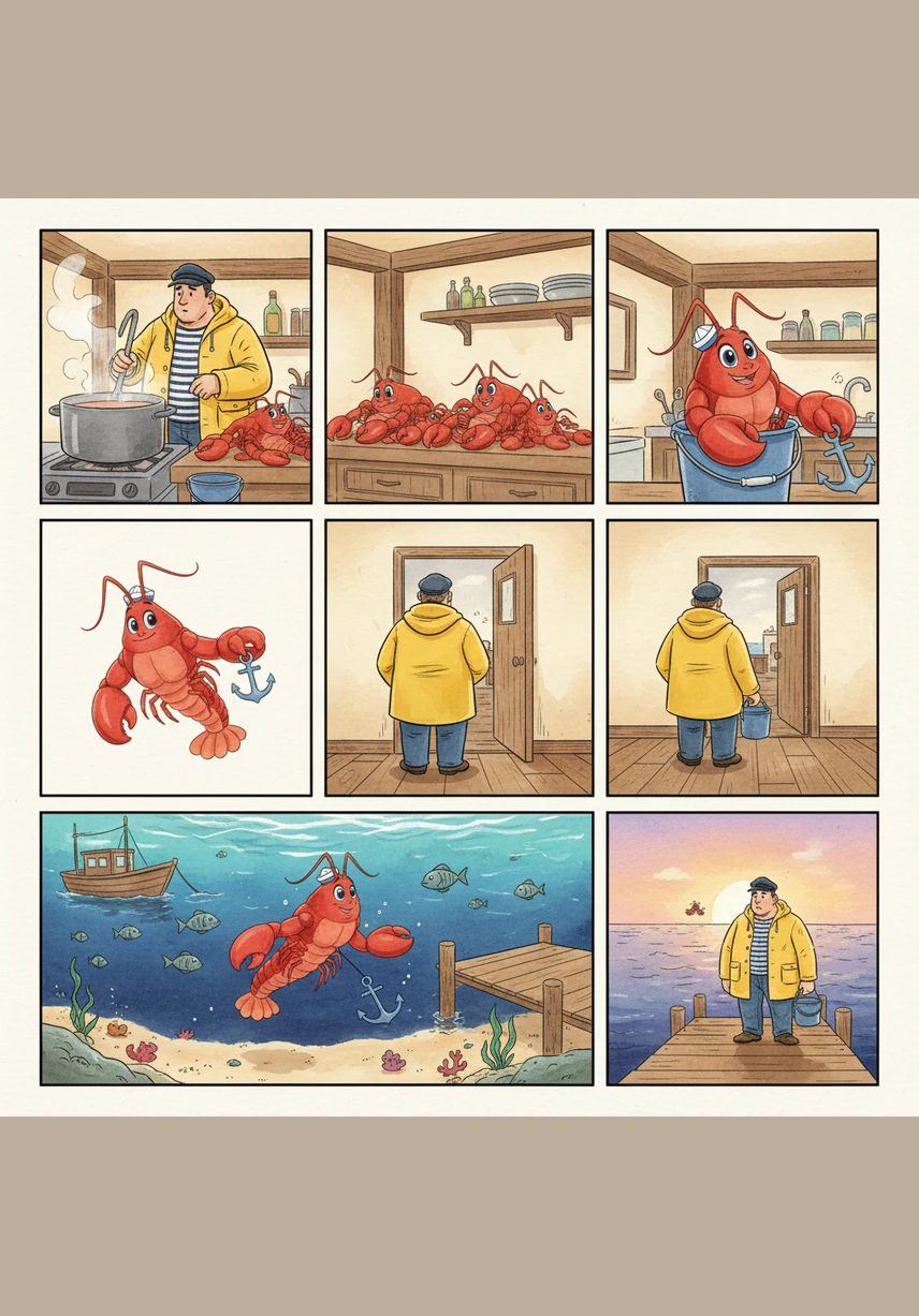 Dans un élan de maladresse incroyable, Jean-Michel s'emmêle les pieds dans ses propres filets et finit par basculer par-dessus bord avec un grand plouf. Il se retrouve sous l'eau, nez à nez avec Lulu, qui le regarde d'un air moqueur au milieu des bulles.