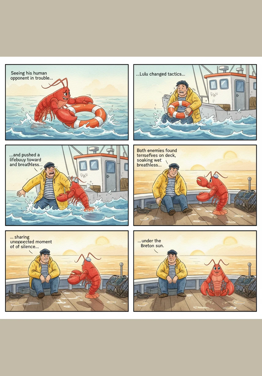 Voyant que son adversaire humain est un peu en difficulté, Lulu change d'attitude et pousse une bouée vers lui pour l'aider à flotter. Les deux ennemis se retrouvent sur le pont du bateau, ruisselants et essoufflés, partageant un moment de silence inattendu sous le soleil breton.