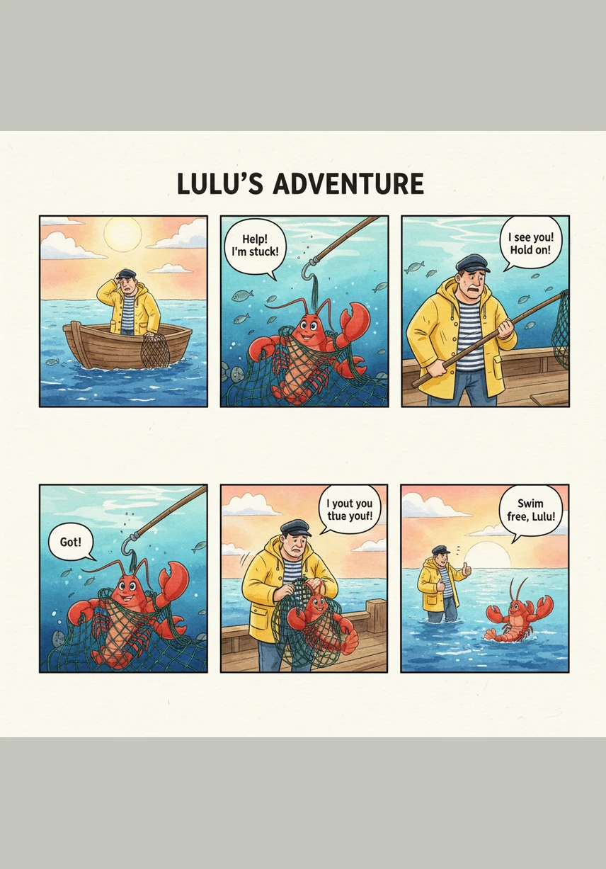 Jean-Michel sort un morceau de pain de sa poche et en offre une miette à Lulu, qui en retour lui indique avec sa pince les meilleurs coins de la baie pour trouver des algues rares. Ils réalisent qu'ils ont tous les deux un talent caché pour dénicher les meilleurs produits de la mer.