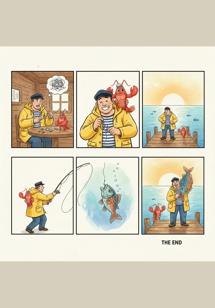 Quelques mois plus tard, le port de Morlaix célèbre l'ouverture d'un établissement unique : le premier restaurant tenu par un pêcheur et son associé à pinces. Chez Jean-Mi et Lulu, on sert des festins incroyables dans une ambiance joyeuse où l'on raconte à tous l'histoire du homard qui était trop malin pour être mangé.