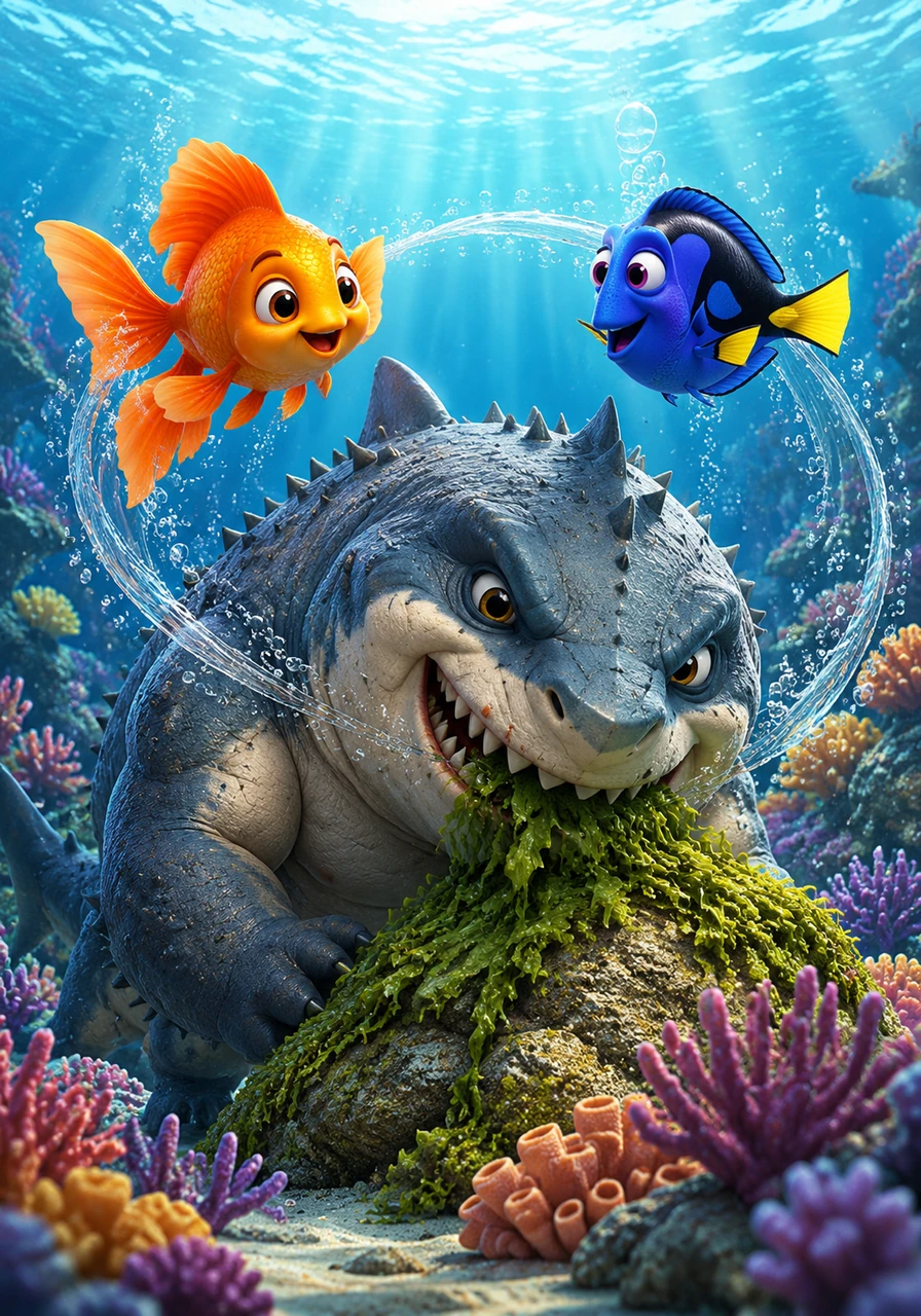 Od tistega dne naprej so vsi trije postali nerazdružljivi prijatelji, ki so skupaj raziskovali barvite koralne grebene. Nekdanji zlobni morski pes je zdaj z veseljem grizljal morske alge, medtem ko sta se Zlata in Samo veselo vrtela okoli njega v znamenju miru.