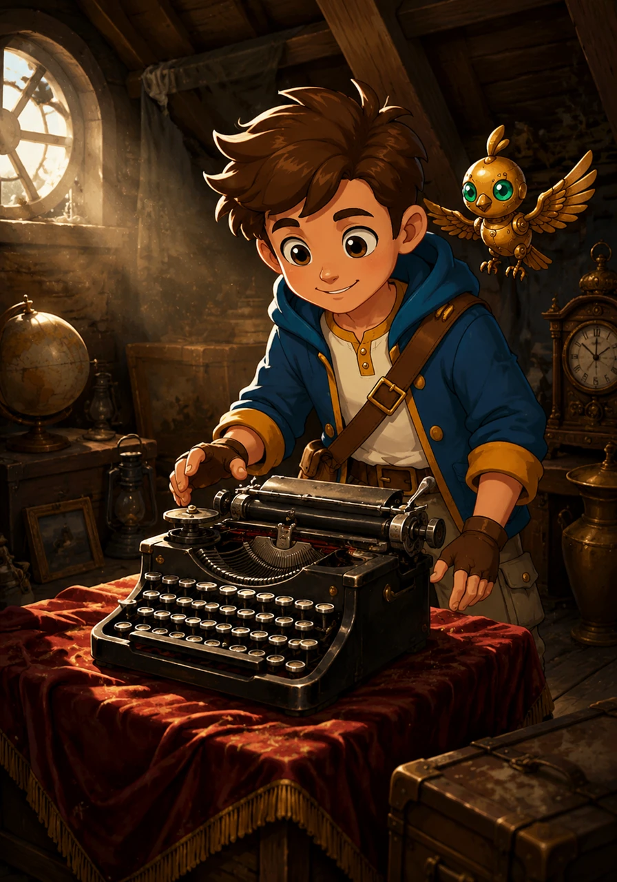 In a quiet, dusty attic filled with relics of the past, young Leo discovers an ancient typewriter resting on a velvet cloth. Its silver keys catch the dim light, whispering of untold stories waiting to be typed into existence.