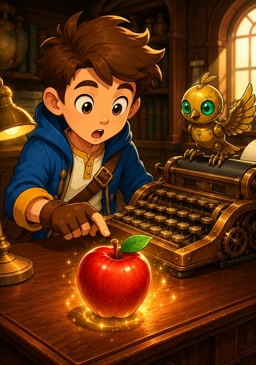 Leo tentatively presses the keys to type the word apple, and to his astonishment, a real, crisp fruit appears on the mahogany desk. He realizes that this machine does not just record stories; it brings every word he chooses into the physical world.