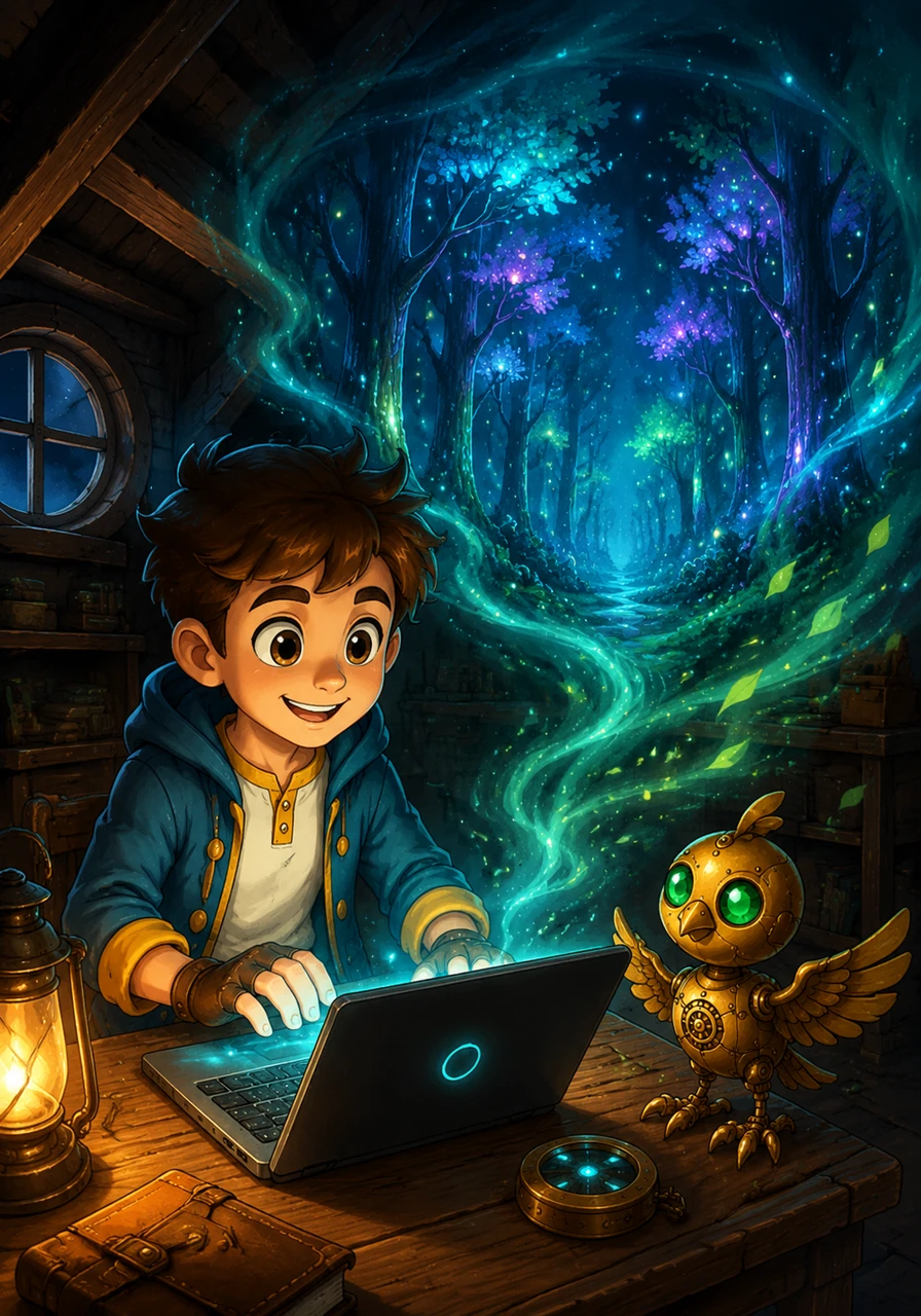 With a heart racing with excitement, Leo types a vivid description of a forest where the trees glow with soft, bioluminescent colors. The air in the attic begins to smell of pine and damp earth as the magical transformation begins to take hold.