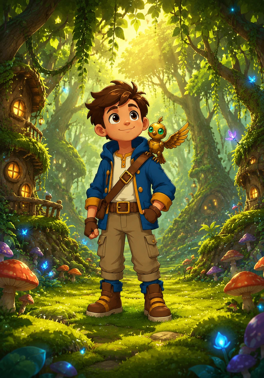 The wooden floorboards turn into soft moss, and the ceiling vanishes into a canopy of shimmering leaves and hanging vines. Leo stands in the center of a living fairy tale, surrounded by the very world he just described with his own hands.