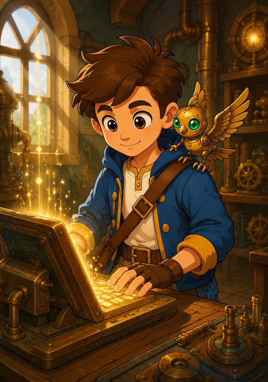 To have a companion on this journey, Leo quickly types out a description of a small mechanical bird with brass wings and emerald eyes. A tiny creature named Pip springs to life, fluttering its metallic wings and landing gently on Leo's shoulder.