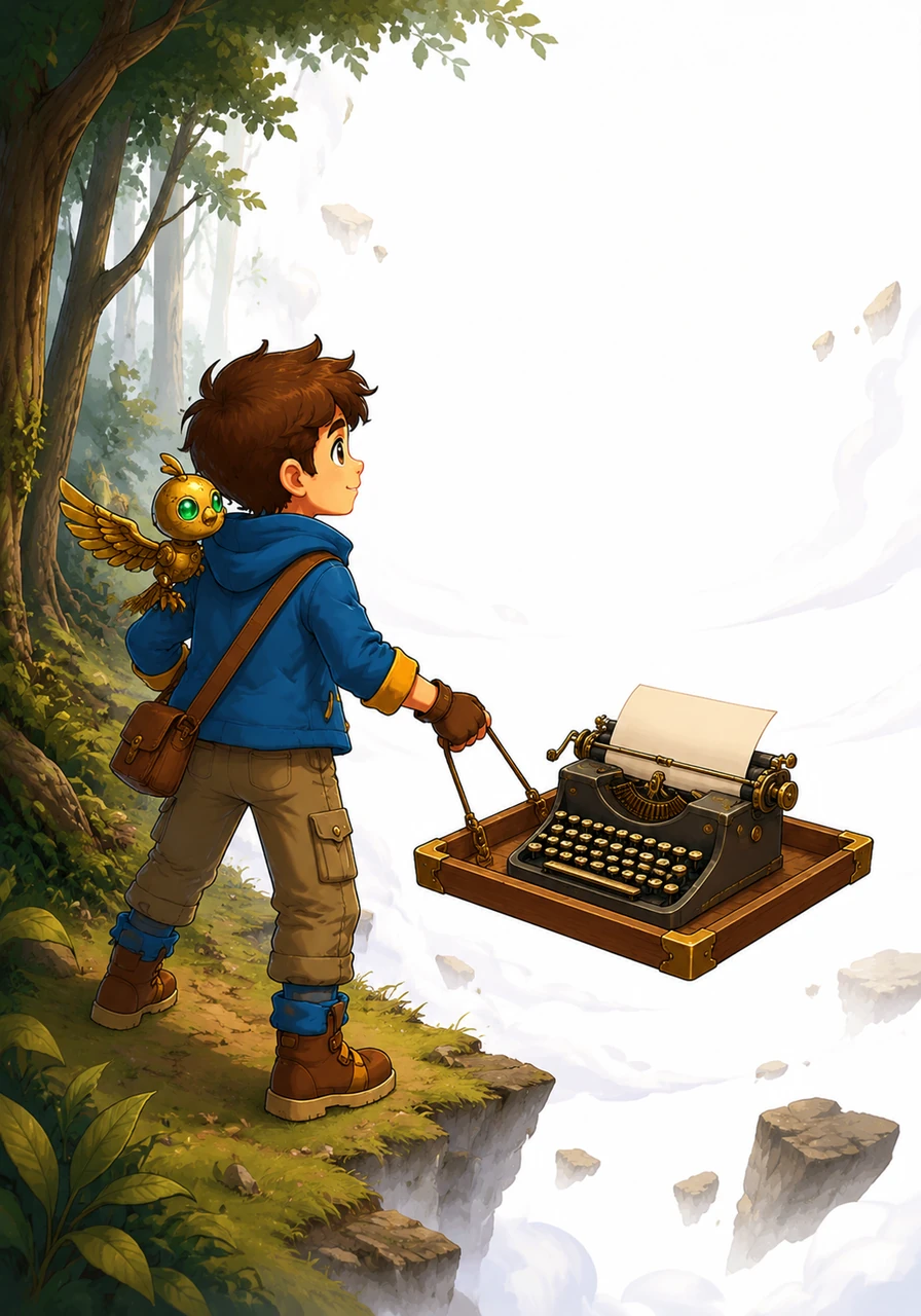 As they venture deeper into the woods, they reach a vast, empty white void where the story has not yet been written. Leo pulls the typewriter along on a floating wooden tray, ready to fill the blank space with his boundless imagination.