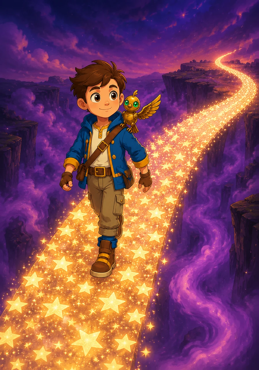 He types a bridge made of solid starlight that stretches across a deep, misty canyon filled with swirling purple clouds. As he walks across the glowing path, the stars hum a gentle, rhythmic melody beneath his feet.