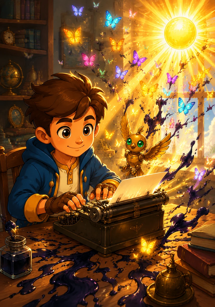 Instead of running away, Leo sits at his typewriter and writes about a brilliant, golden sun that radiates pure clarity and confidence. The golden rays pierce through the ink, turning the falling shadows into a flurry of colorful butterflies.