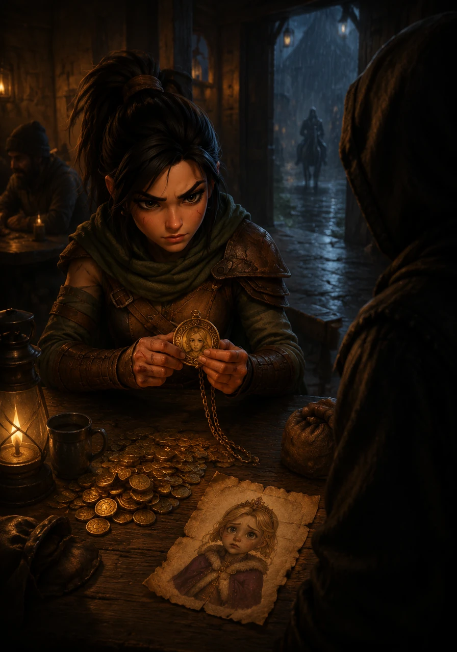 Sage sat in the corner of a dimly lit tavern, turning a heavy golden medallion in her scarred hands. A mysterious client had just offered an astronomical sum for the head of Princess Aurelia, the realm's youngest royal. No reason was given, but the sheer weight of the gold was enough to make the seasoned hunter pack her silver blades and ride out into the rainy night.