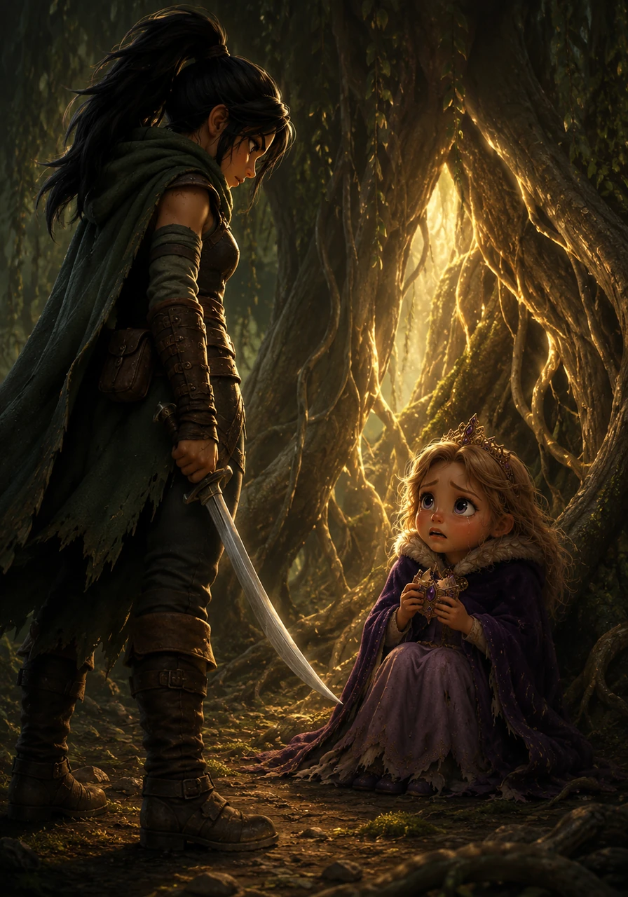 Sage found her target huddled beneath the roots of a massive, glowing willow tree, shivering in a torn velvet cloak. Princess Aurelia looked up with wide, tear-streaked eyes, holding nothing but a shattered family heirloom for defense. Instead of a pampered royal, Sage saw only a terrified girl caught in a game she didn't understand.