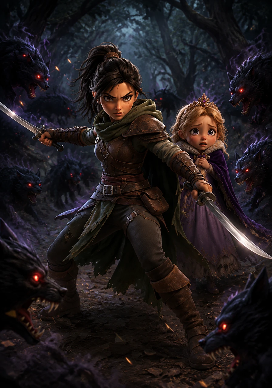 Before Sage could draw her blade, a monstrous pack of shadow-hounds burst from the thicket, their red eyes locked on the princess. Instantly shifting from hunter to protector, Sage drew her twin swords and stood between the beasts and the royal heir. The forest erupted into flashes of steel and dark magic as Sage fought off the supernatural predators.