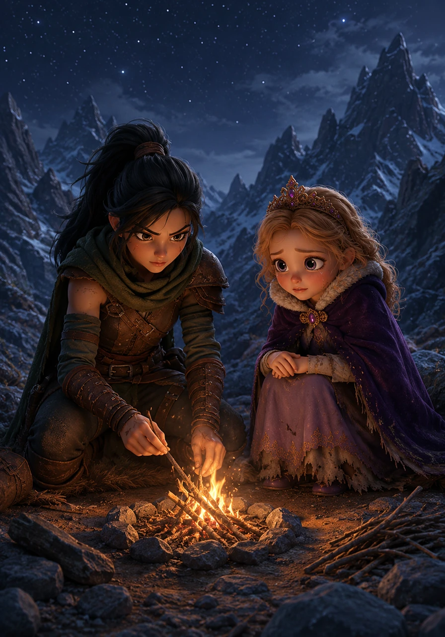 Their trek across the rugged Cragged Mountains was grueling, forcing the pampered princess to learn the harsh realities of survival. Sage taught Aurelia how to build silent fires and navigate by the stars, watching the girl's fear gradually transform into quiet resilience. An unlikely bond forged between the hardened mercenary and the exiled royalty.