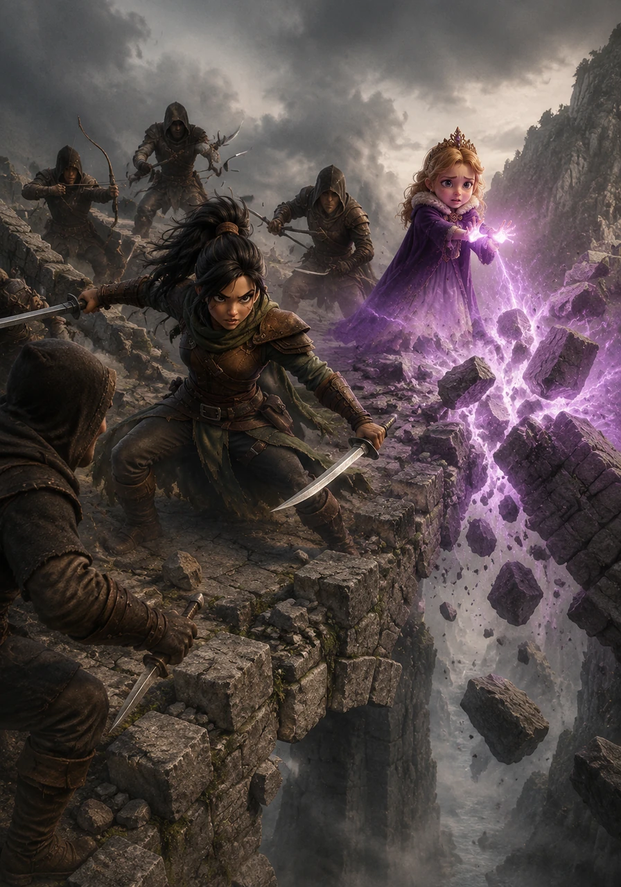 Near the border, they were ambushed at a ruined stone bridge by a group of ruthless rival bounty hunters sent to finish the job. Sage fought valiantly but found herself outnumbered, pinned down by the mercenaries' relentless assault. Seeing her protector in danger, Aurelia used the magic she had secretly inherited, shattering the stone bridge to cut off the attackers.
