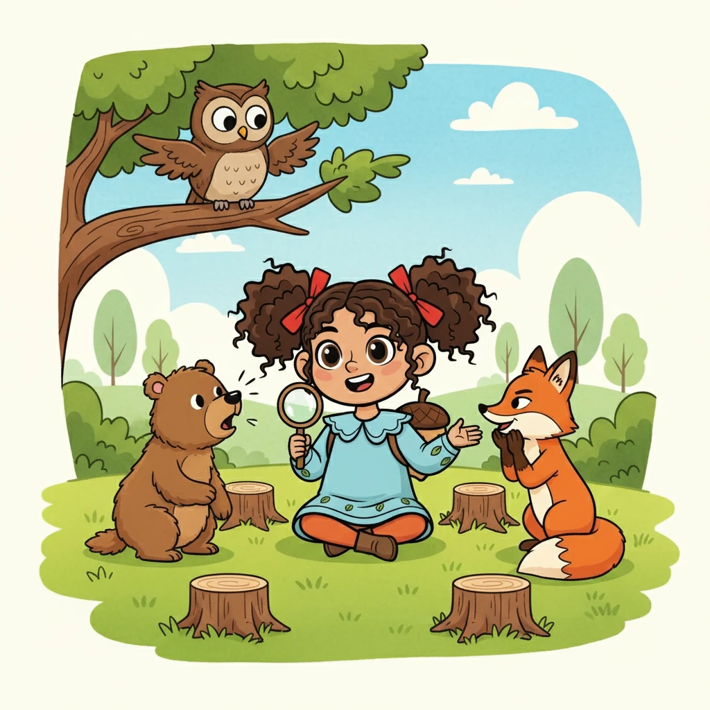 Los animales, curiosos, se acercaron a Lía. El oso gruñó, el zorro susurró, y el búho ululó. Lía, con una sonrisa, les invitó a sentarse y a escuchar juntos.