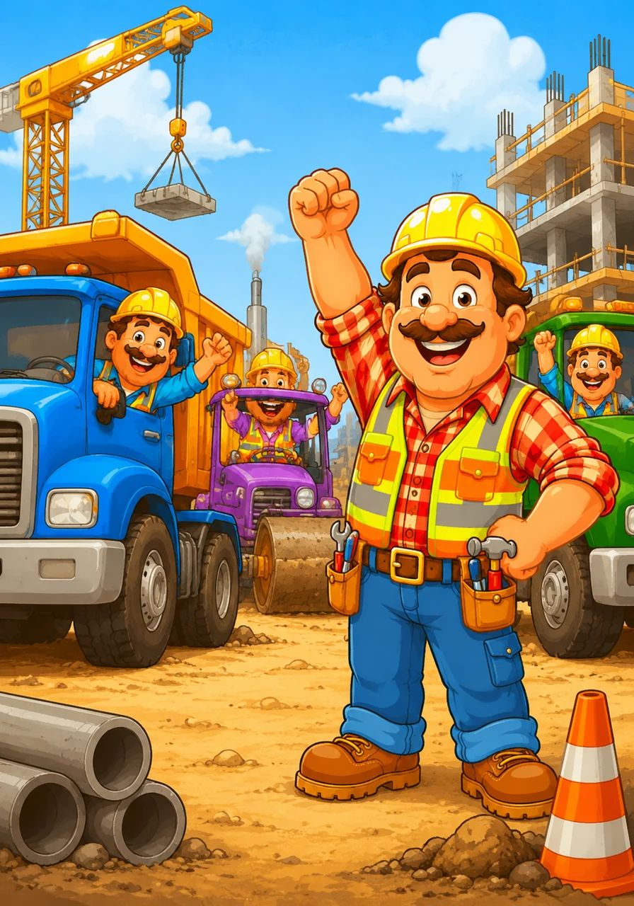 Foreman Fred arrived at the site with a big grin and a shiny yellow hard hat. Time to build something big, he cheered, as his team of goofy workers revved up their colorful trucks.