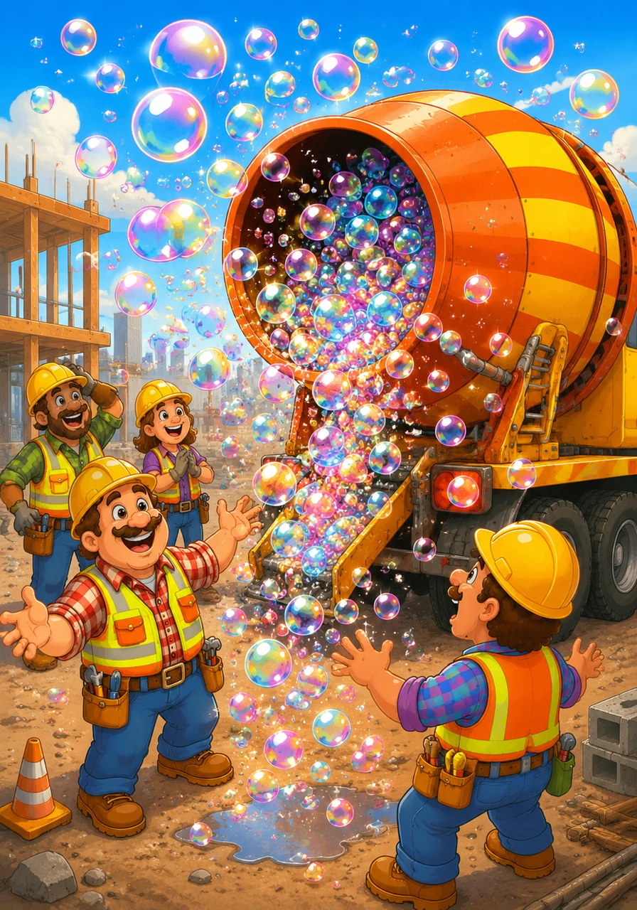 The giant cement mixer began to rumble and shake with a loud pop! Instead of gray cement, thousands of shimmering, rainbow bubbles floated out, filling the air with magic.