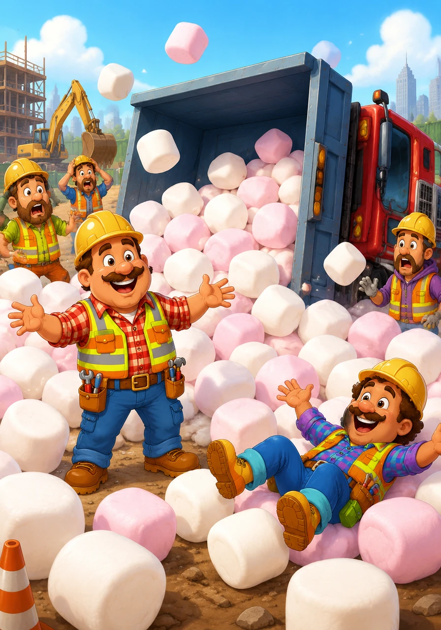 A delivery truck tipped over, spilling its load across the ground. Instead of heavy stones, giant, squishy marshmallows bounced everywhere, creating the softest landing pads ever seen.