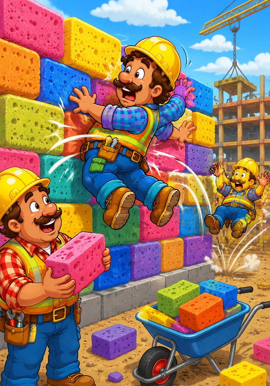The workers tried to stack the new bricks, but they were made of bright, colorful sponges! Every time a worker leaned on the wall, they just boinged right back with a silly squeak.