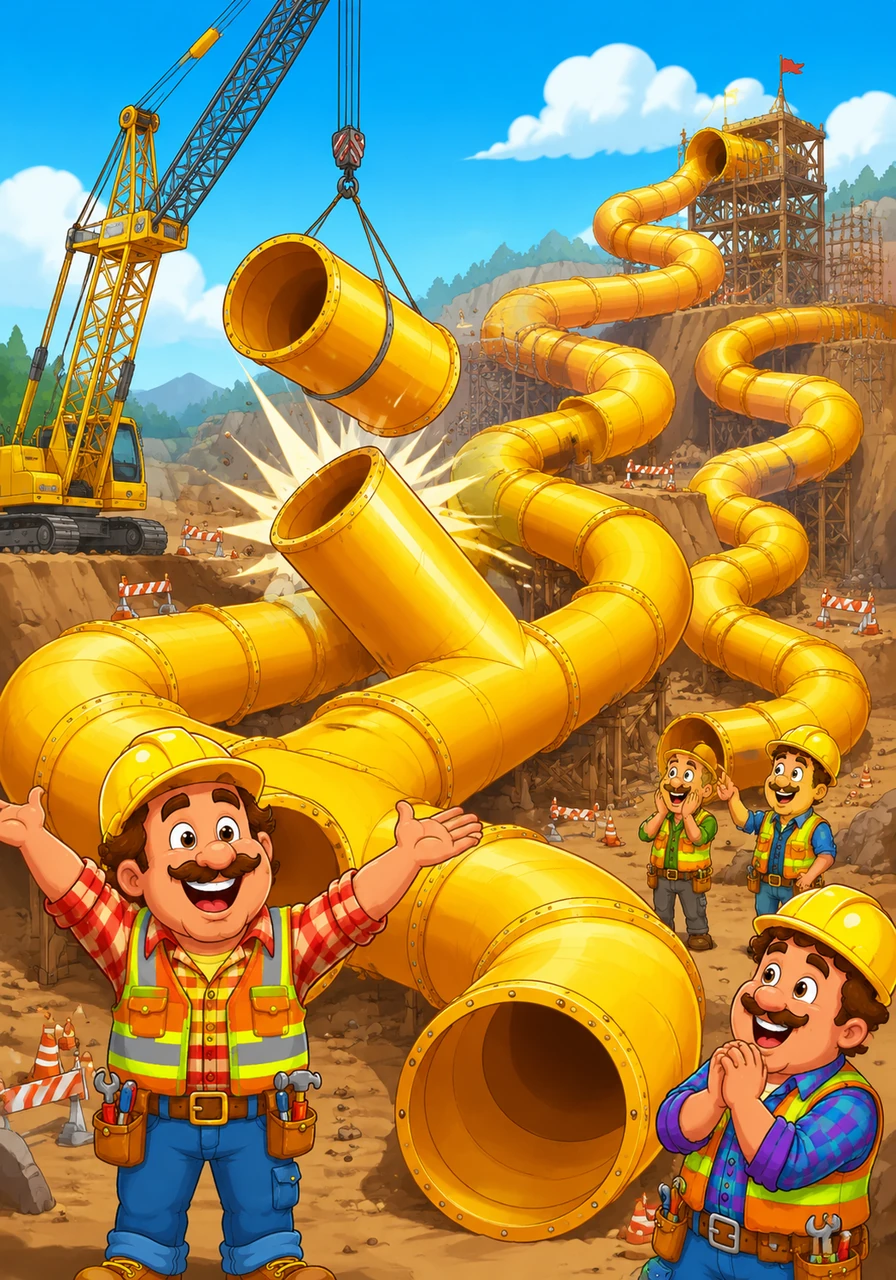 A crane lowered huge yellow pipes, but they slipped and landed at a perfect tilt. Suddenly, the construction site had the longest, twistiest tunnels and slides in the whole world.