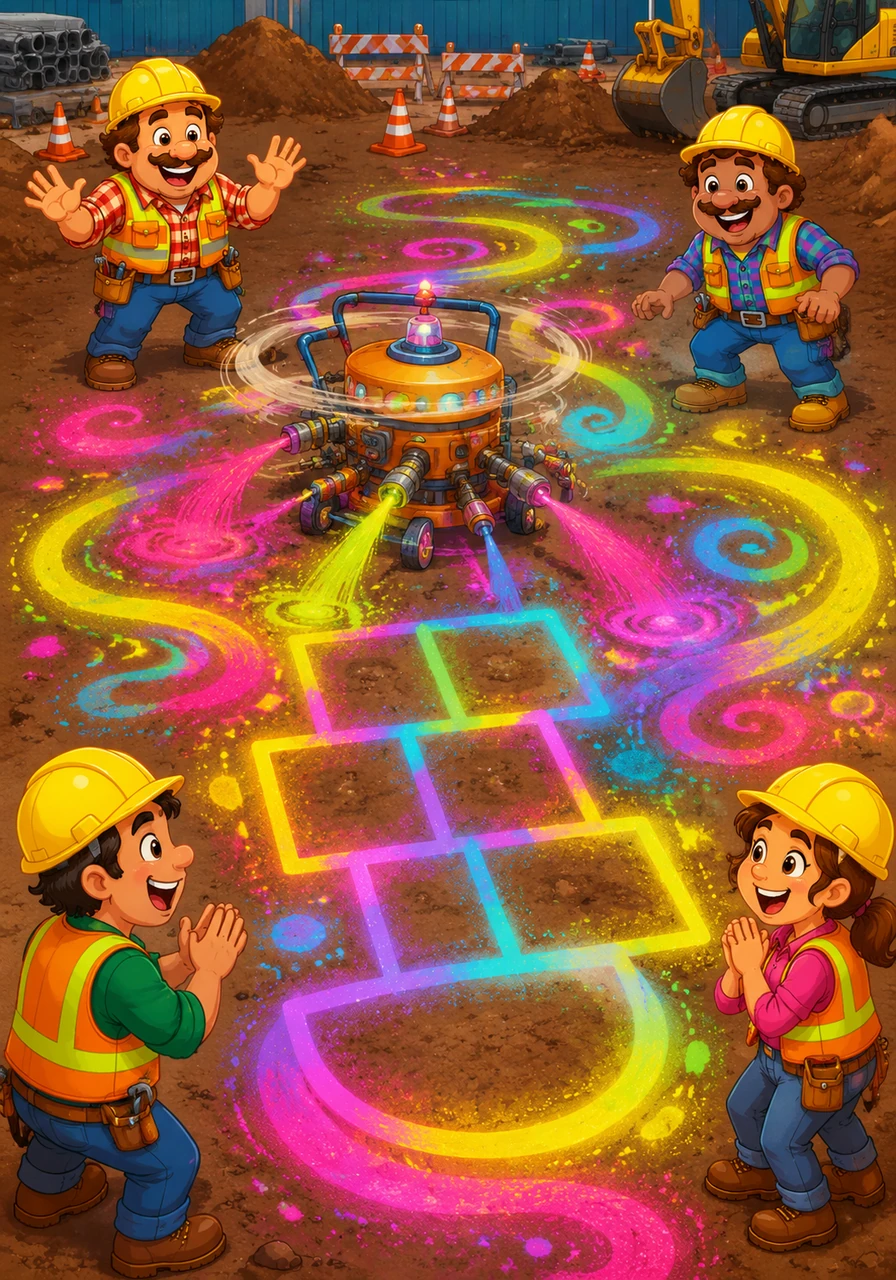 The paint machine went wild, spinning in circles and spraying neon colors across the dirt. It did not make a mess; it created a giant, glowing game of hopscotch and swirling paths.