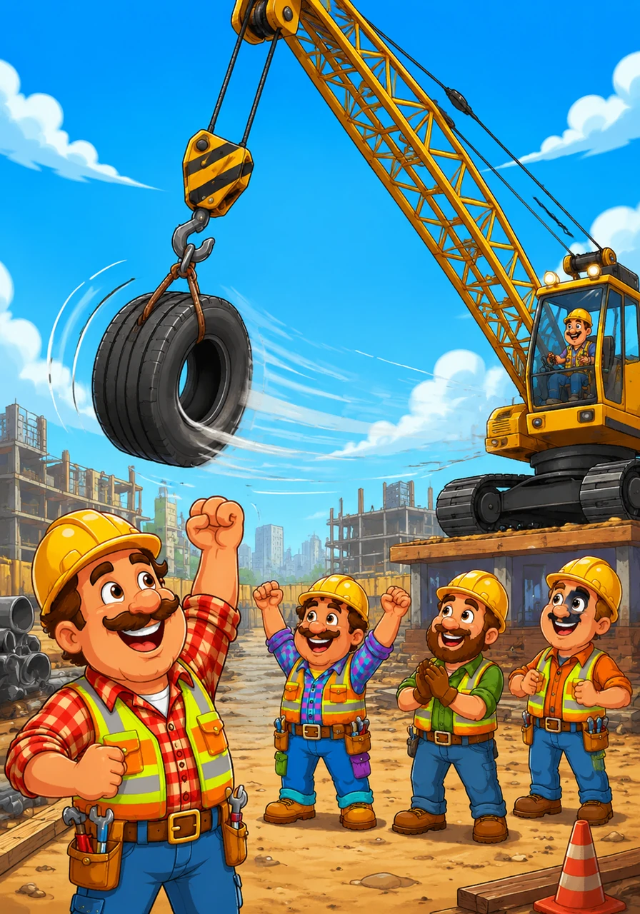 A crane hook accidentally caught a stray tire and began to swing it back and forth. The workers cheered as the heavy machine turned into a giant, soaring sky-swing.