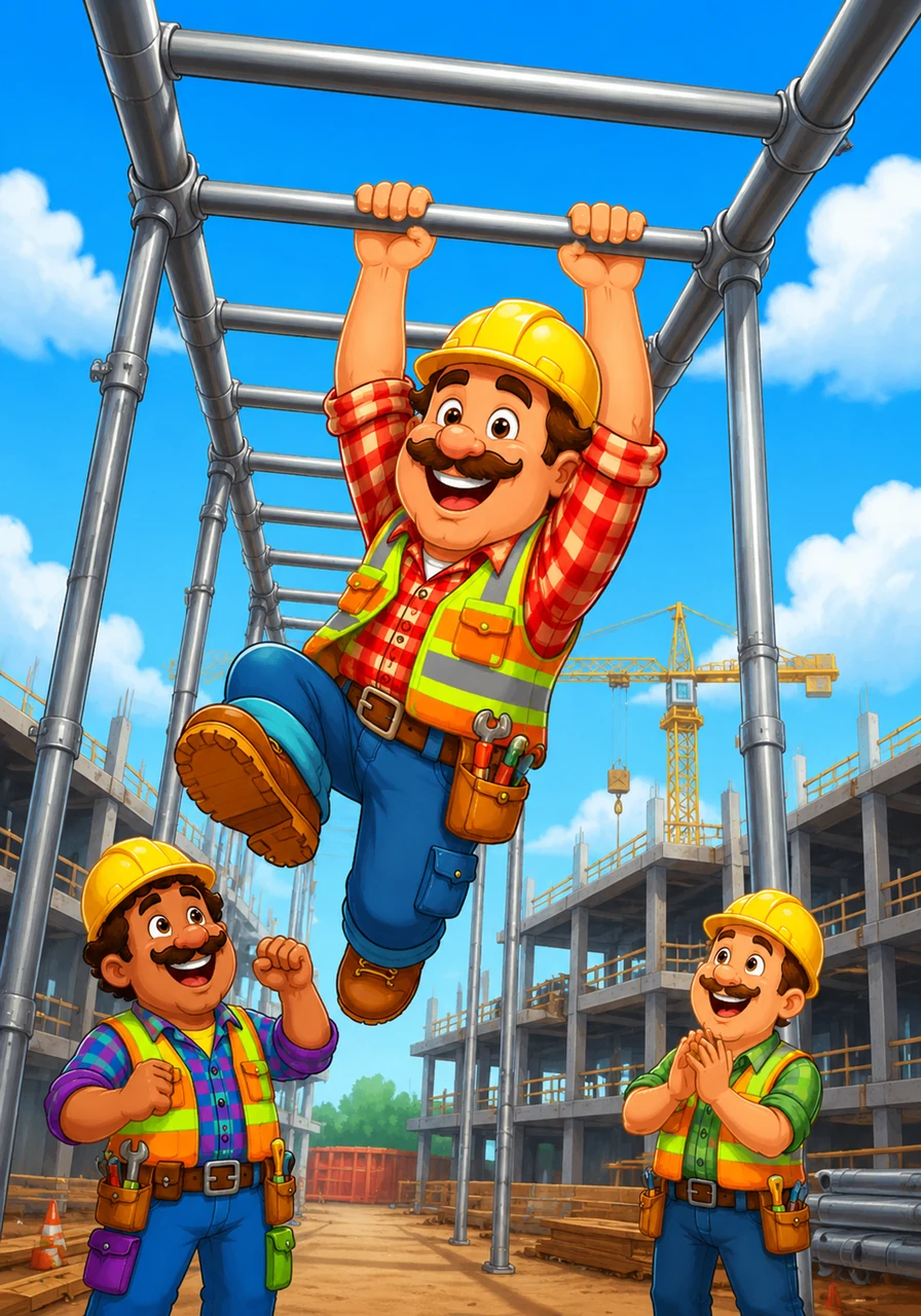 The metal scaffolding looked just like a set of monkey bars stretching into the sky. Foreman Fred could not help himself and started swinging from bar to bar like a happy jungle explorer.