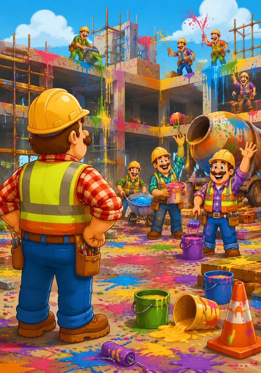 Fred stopped and looked around at the colorful chaos his team had made during the day. He realized that every accident had turned their boring building site into a place of pure joy.