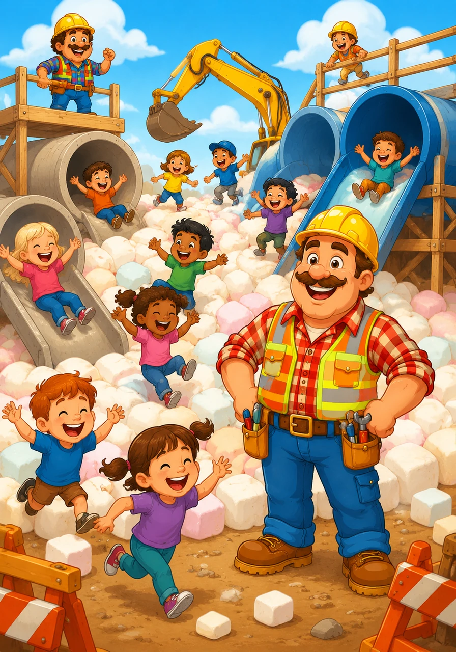 Children from all over town ran into the site, laughing as they bounced on marshmallows and slid down pipes. Foreman Fred stood tall and proud, smiling at his accidental masterpiece of fun.