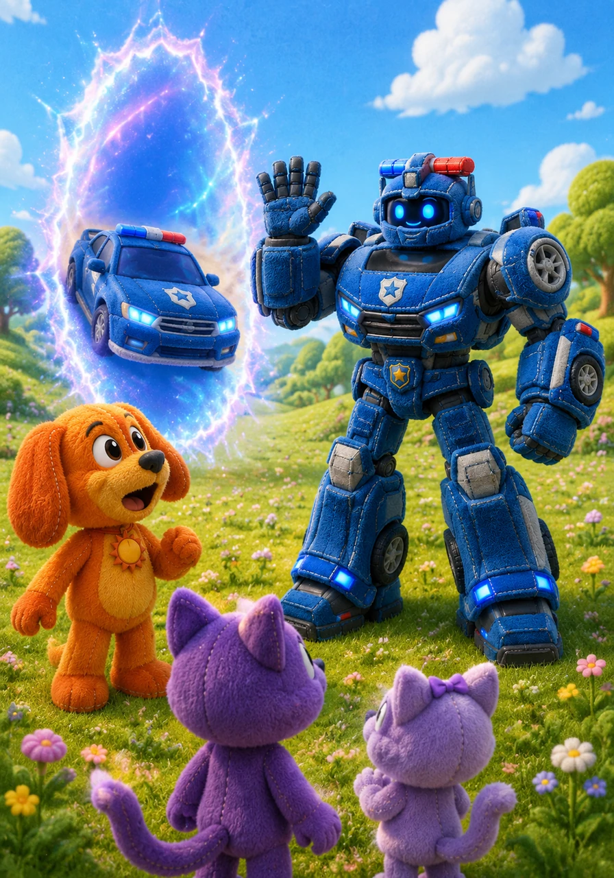 In the heart of the sun-drenched meadow, DogDay and his friends are startled by a shimmering rift in the air. Out rolls Bluecop S, a sleek blue police car that transforms into a magnificent robot, greeting the Smiling Critters with a friendly wave. CatNap and his sister KittyNap watch with wide eyes as the metallic hero stands tall among the soft grass.