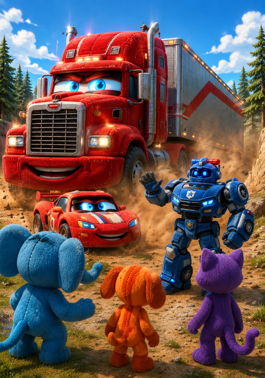 The ground vibrates as Red Blitz the racecar and his father, Gigant Rex, arrive in a flash of crimson. Gigant Rex is a massive red tractor truck with a silver trailer that towers over Bubba Bubbaphant. The Metal Cardbots introduce themselves, their metallic surfaces gleaming under the bright sun as they offer a gesture of peace to the curious animals.