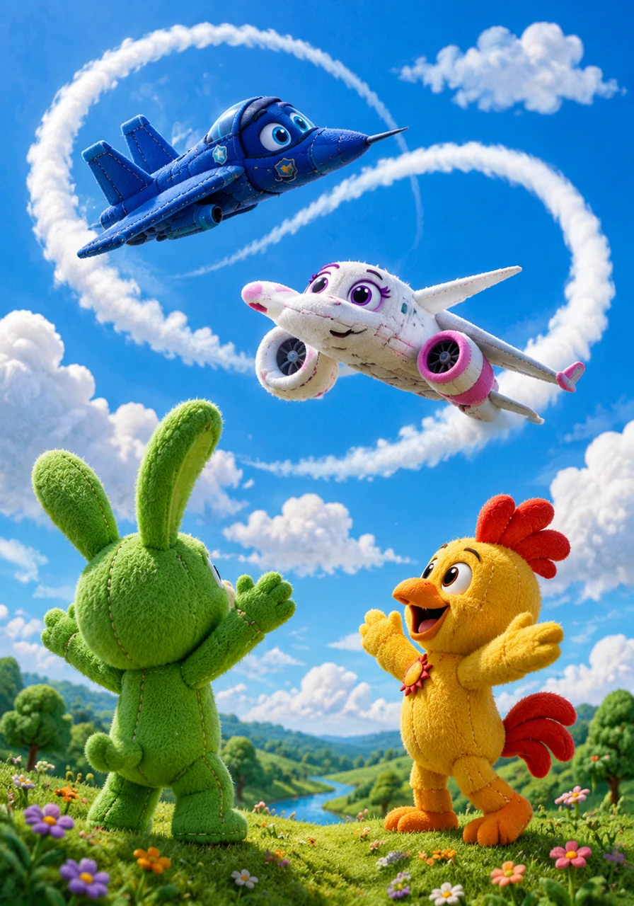 High above, Cielo the blue fighter jet and Sky Gallop the white airplane perform graceful loops through the clouds. Hoppy Hopscotch and Kickin Chicken cheer from below as the two female flyers leave trails of white smoke in the sky. The air is filled with laughter and the sound of powerful engines humming in harmony with nature.