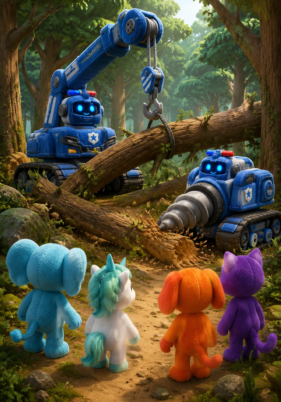 Deep in the forest, Muscle Hyde and Rockcrush use their crane and drill machine forms to help the Critters. Bubba Bubbaphant and CraftyCorn watch in amazement as the heavy machinery easily clears fallen trees to create a new path. The mechanical friends work with precision, showing that their strength is best used for helping others.
