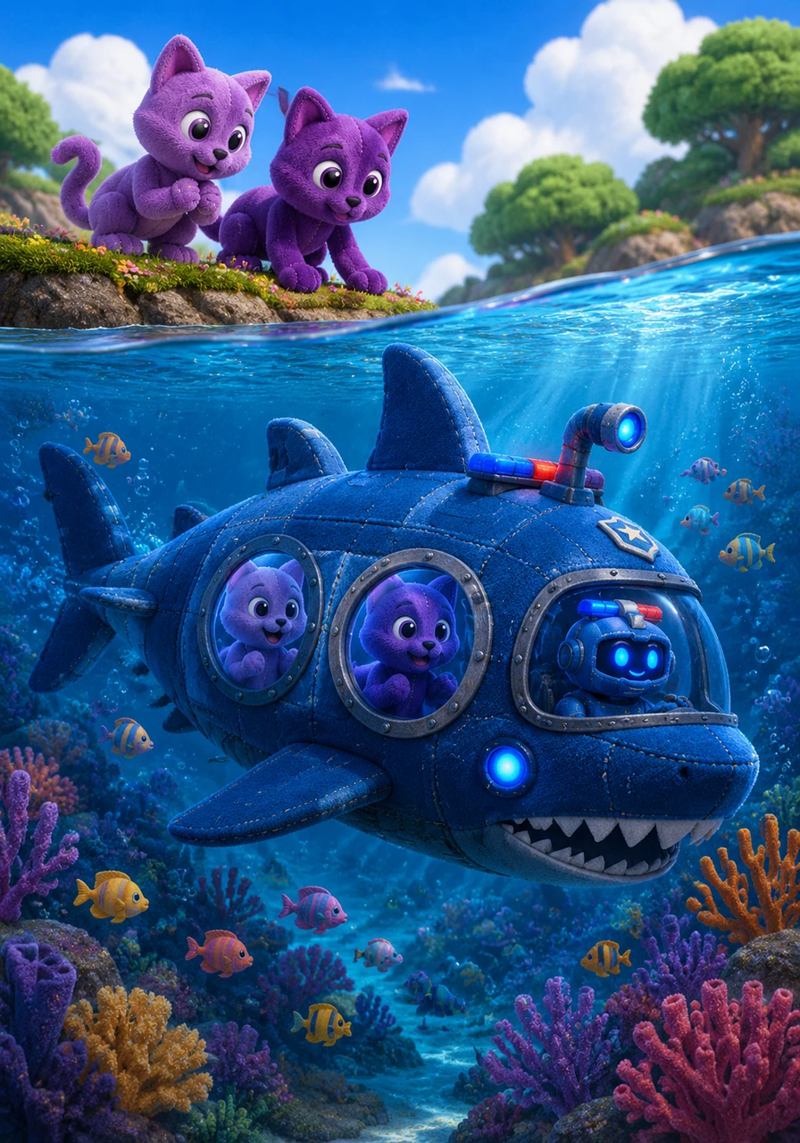 CatNap and KittyNap follow Deep Bite to the edge of the sparkling blue lake, where the robot transforms into a shark submarine. The lavender and purple cats peer through the portholes as they take a magical underwater tour of the hidden coral reefs. It is a world of wonder they never expected to see, guided by their new aquatic friend.