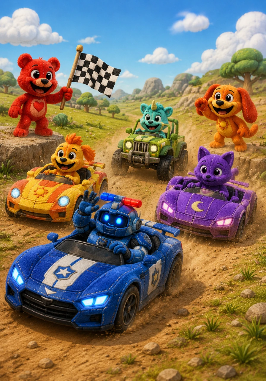 On the open plains, Glober, Sparkbit, and Flash Vector line up for a friendly race against the fastest Critters. Bobby Bearhug drops the starting flag, and the sound of roaring engines mixes with the excited barks of DogDay. The colorful sports cars and off-road jeep zoom across the terrain, showcasing their incredible speed and agility.